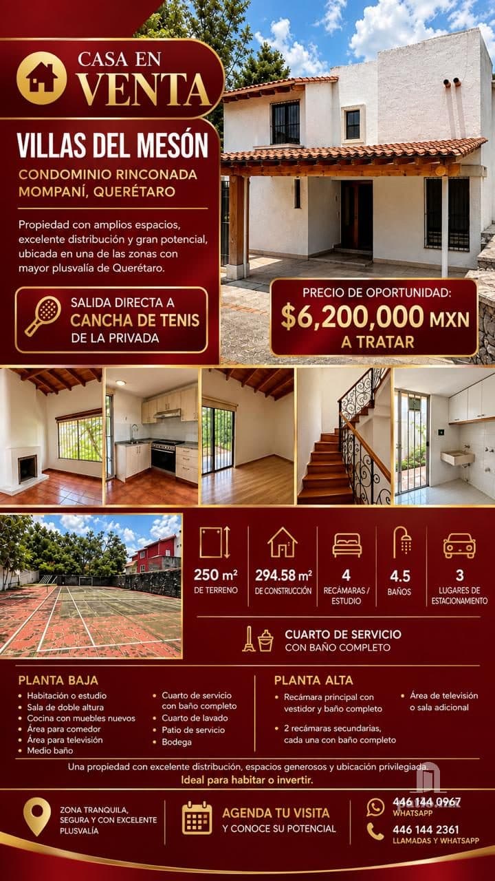 CASA EN VENTA – PRECIO DE OPORTUNIDAD 📍 Villas del Mesón, Condominio Rinconada Mompaní, Querétaro ✨ Excelente oportunidad para vivir, remodelar o invertir en una de las zonas residenciales con gran potencial de plusvalía. — foto 1