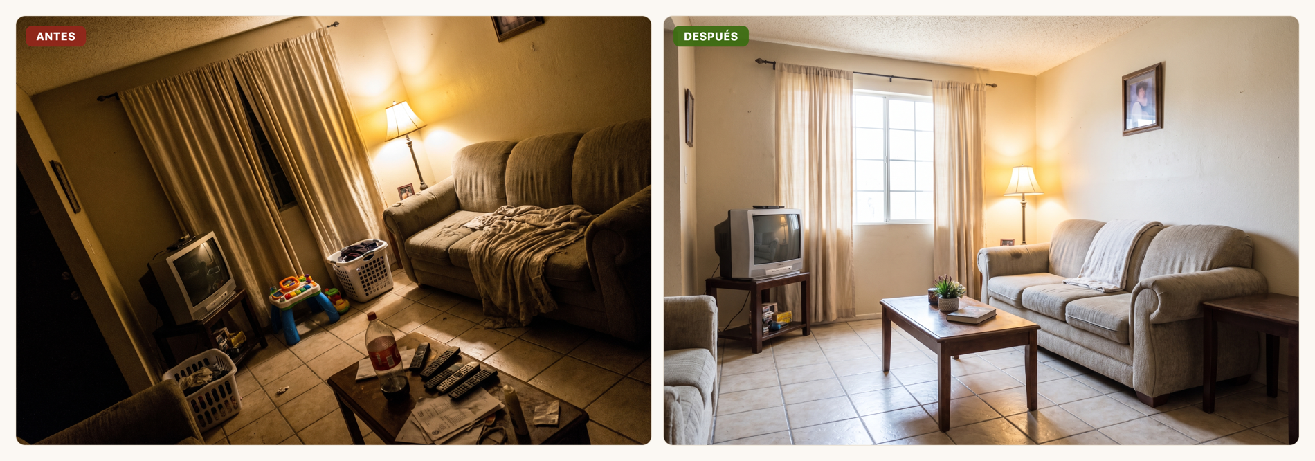 Antes y después de la misma sala: una foto oscura y desordenada aleja compradores; la misma sala luminosa y ordenada invita a entrar