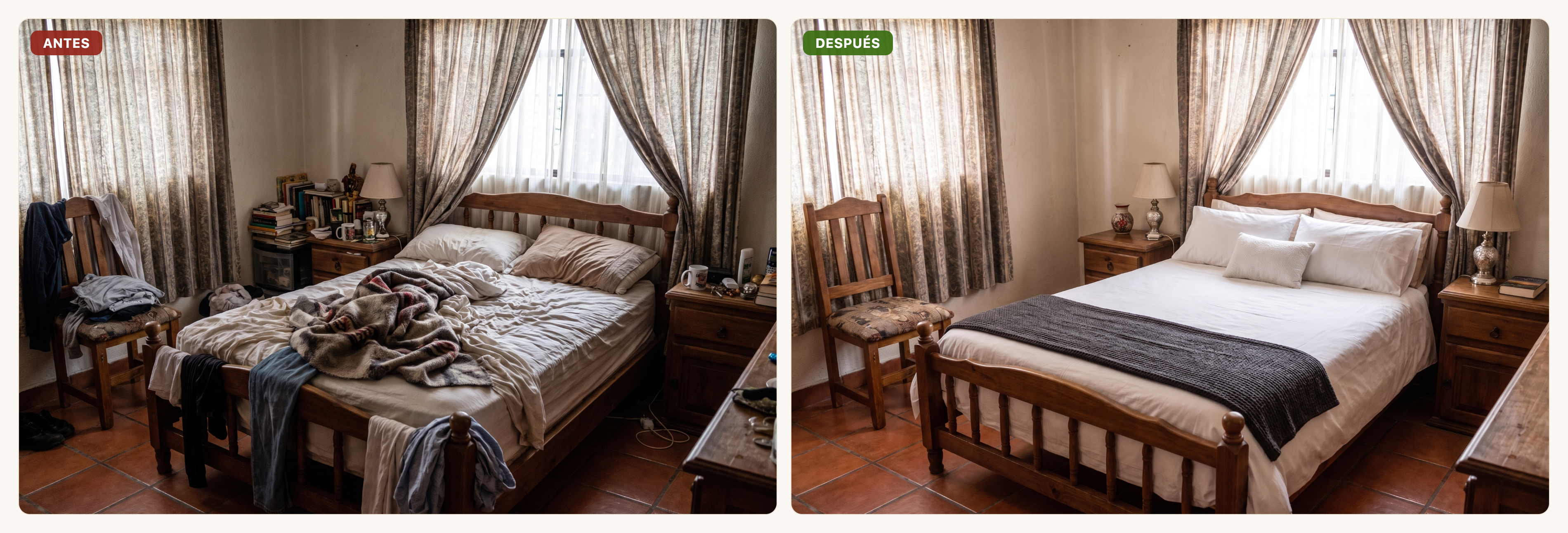 Antes y después: recámara con la cama tendida estilo hotel