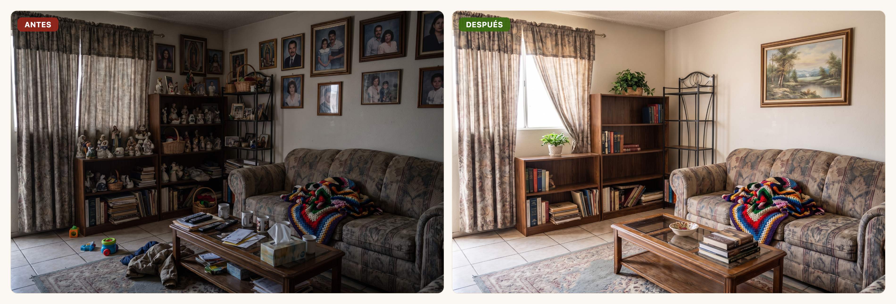 Antes y después: sala despersonalizada y despejada para las fotos